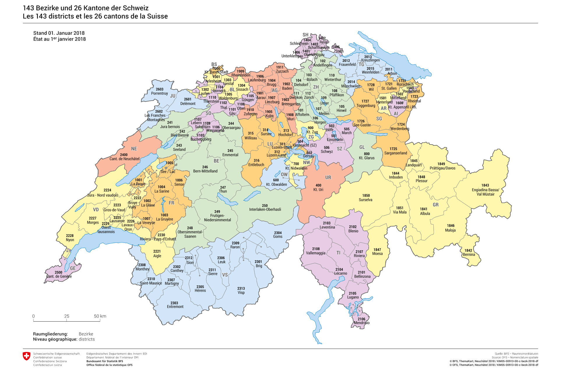 Karte des Bundesamts für Statistik, auf der alle 143 Bezirke und 26 Kantone der Schweiz farblich und namentlich eingetragen sind