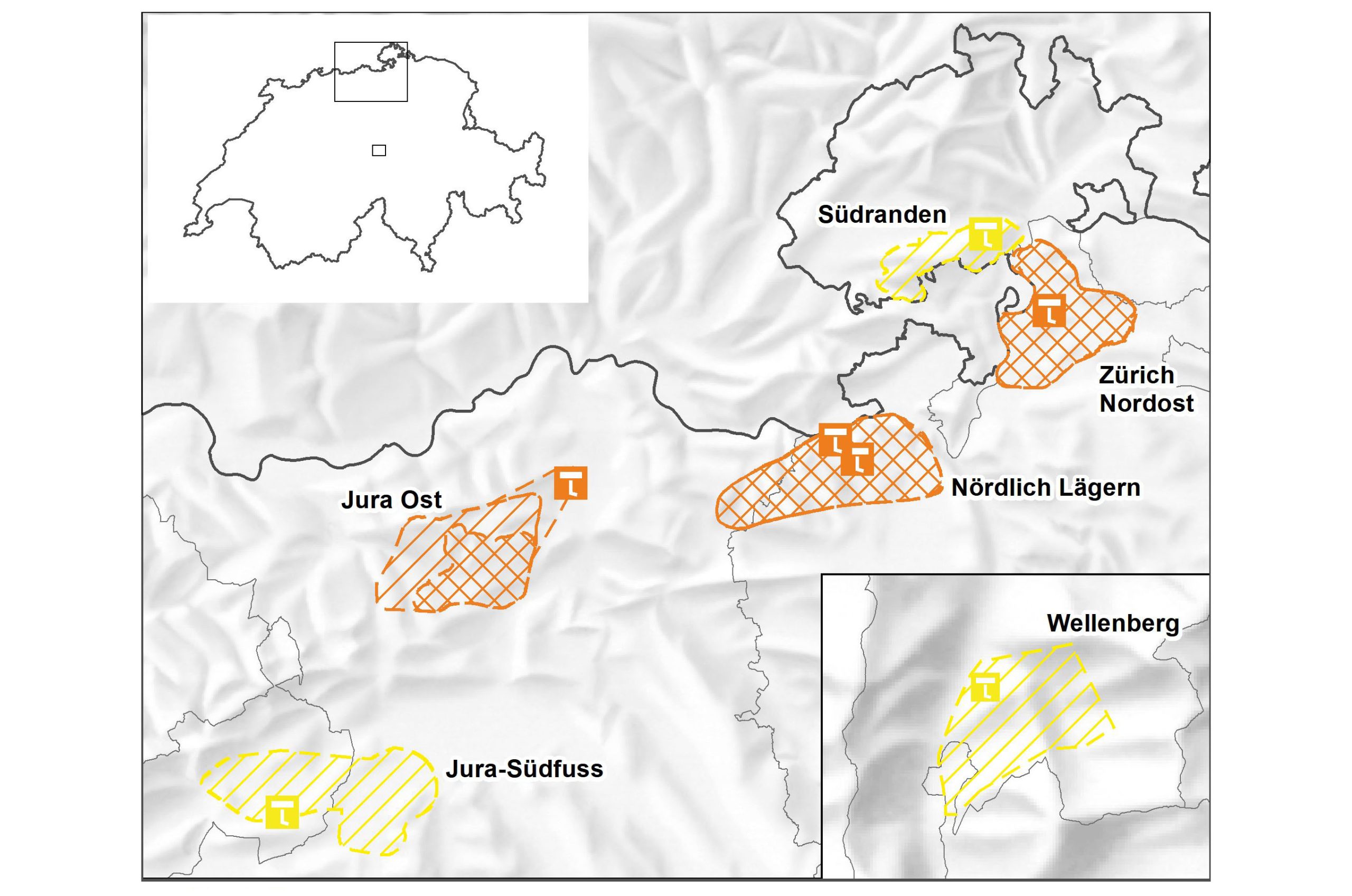 Karte von Dezember 2011 mit allen sechs möglichen Standorten fürs Tiefenlager: Jura Ost, Nördlich Lägern, Zürich Nordost, Jura Südfuss, Wellenberg und Südranden