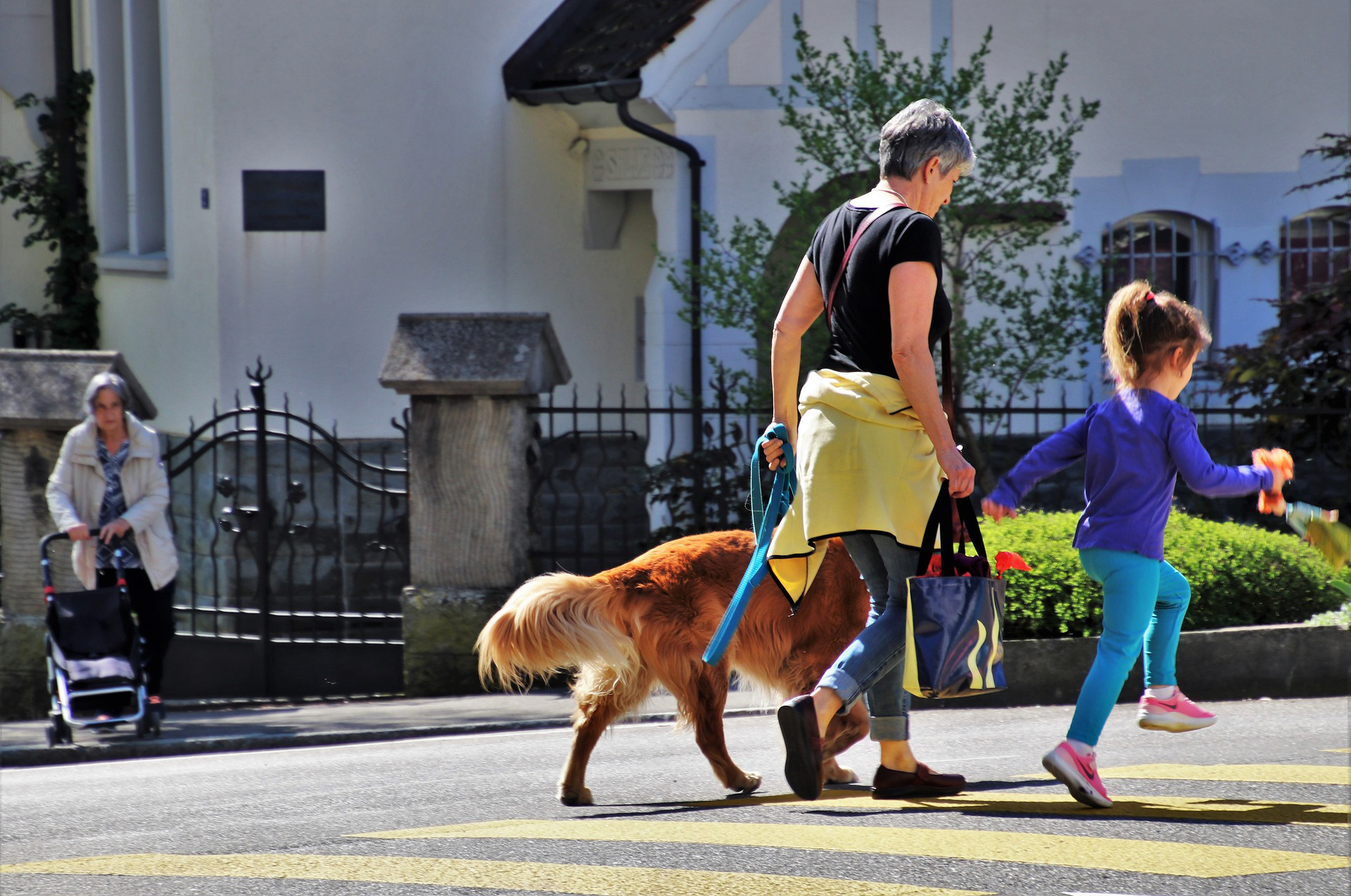 Eine Frau spaziert mit Hund und Kind an der Hand über den Fussgängerstreifen. Im Hintergrund befindet sich ein älteres, weisses Gebäude mit eingezäuntem Grundstück und davor eine Frau mit einem Einkaufswagen