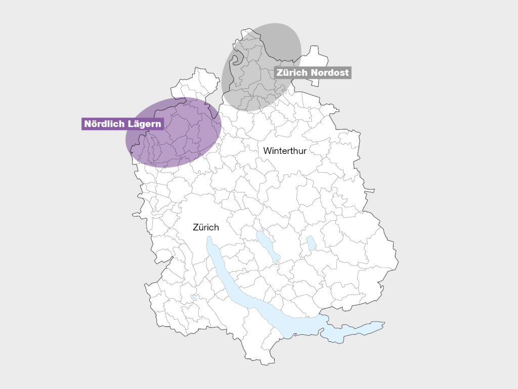 Auf einer Karte des Kantons Zürich: die von der Nagra ausgewählte Standortregion für ein geologisches Tiefenlager Nördlich Lägern und der zurückgestellte Standort Zürich Nordost